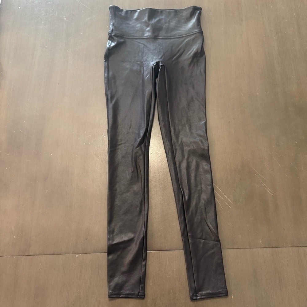 SPANX Leggings Faux Leather Shiny Metallic Black Women's Small High Rise (226)